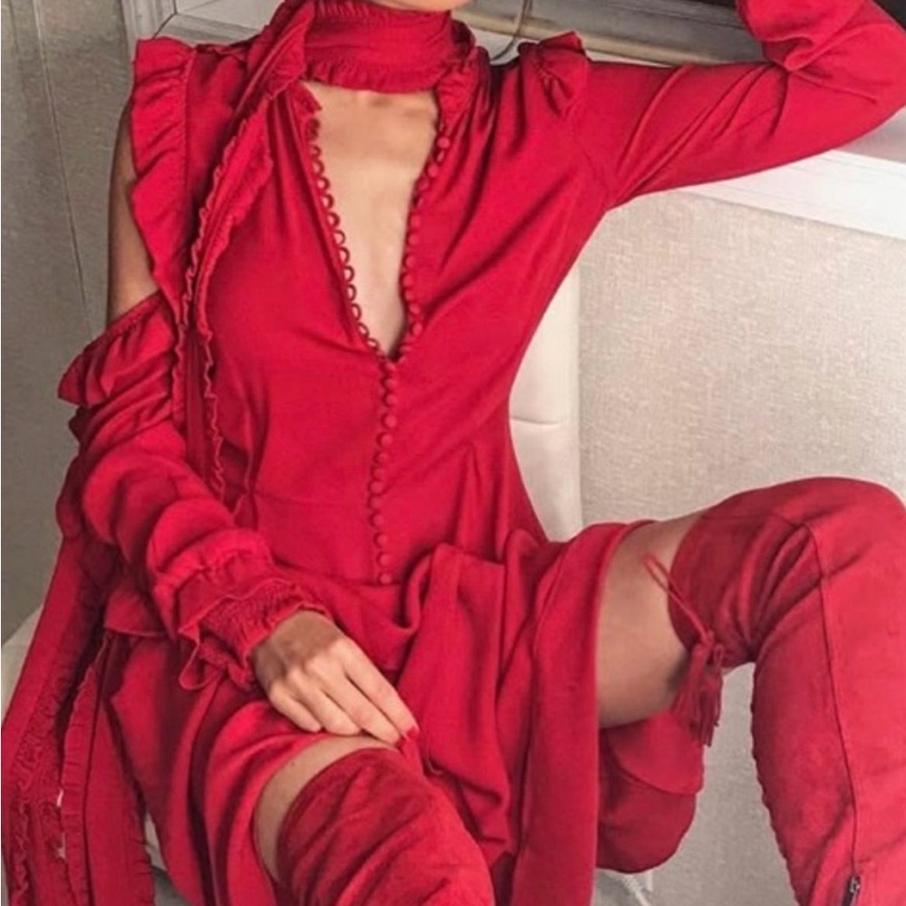 Red Asymmetric Long-Sleeve Women's Dress